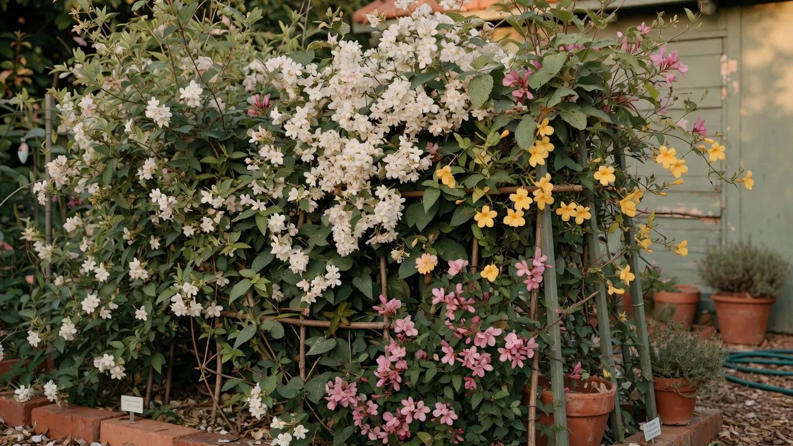 A mixed arrangement of jasmine varieties displaying white, yellow, and pink blooms in a lush garden setting.