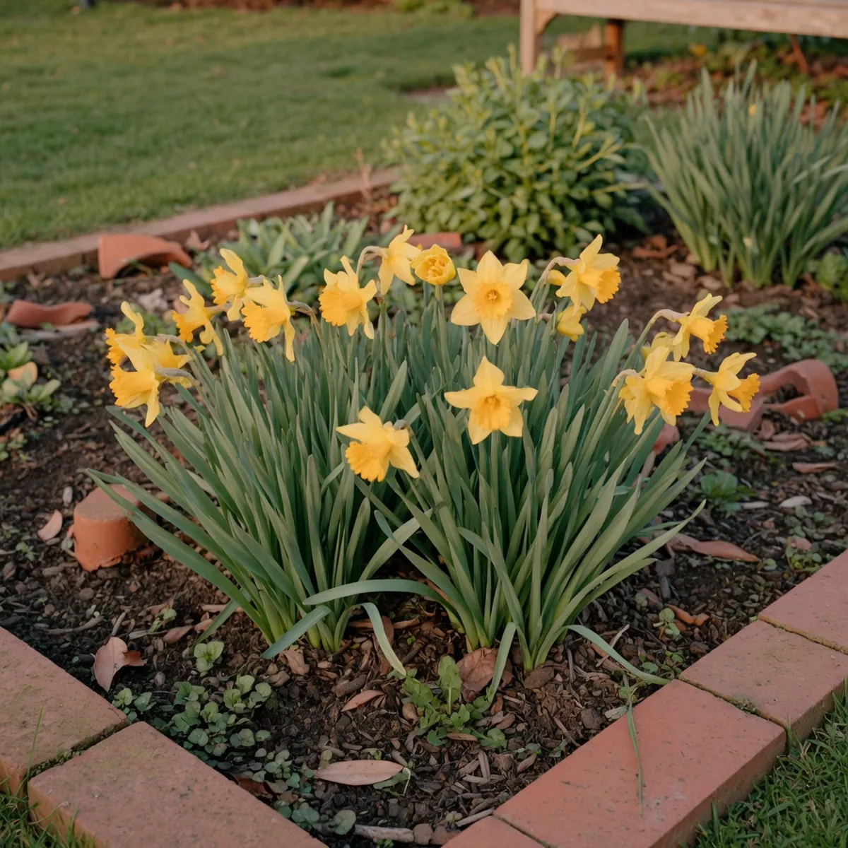 A group of yellow jonquil flowers growing in a park garden bed with green foliage.