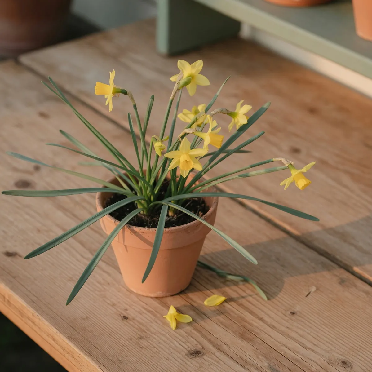 A small arrangement of yellow jonquil flowers with slender leaves on a wooden surface.