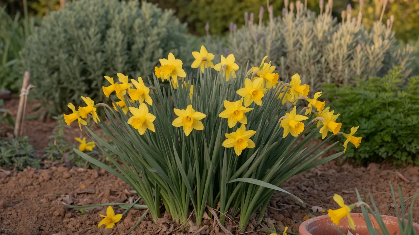 A cluster of bright yellow jonquil flowers with narrow green leaves blooming in a garden.