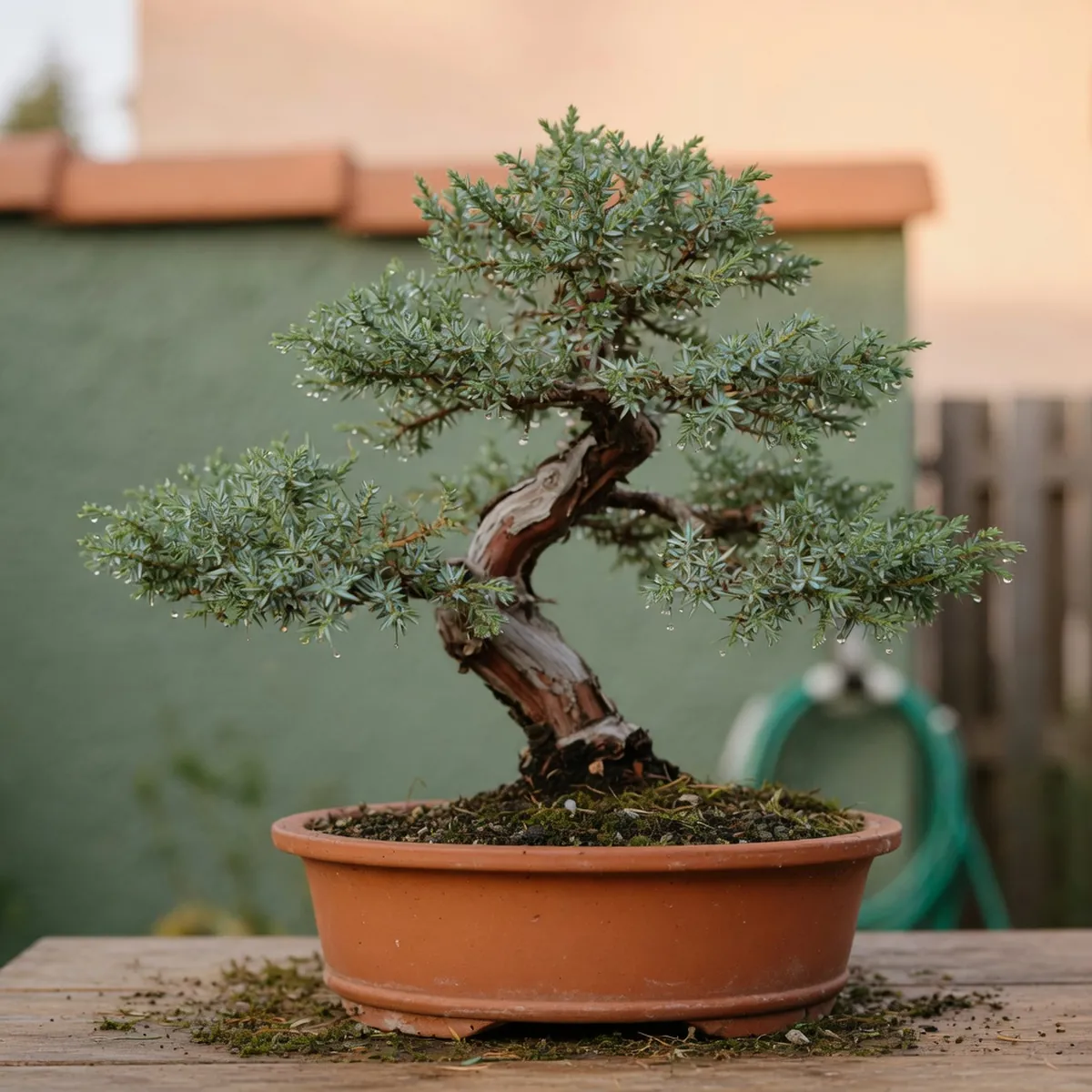 A juniper bonsai tree in a shallow pot with fine water droplets on its foliage.