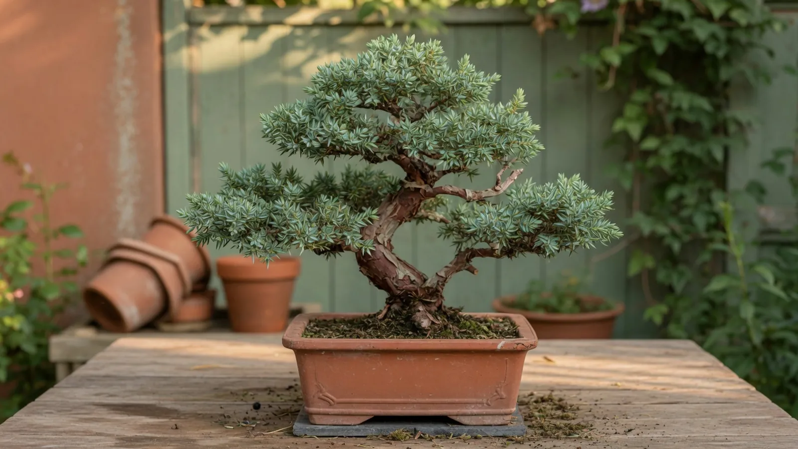 A compact juniper bonsai tree with dense green foliage in a shallow pot.