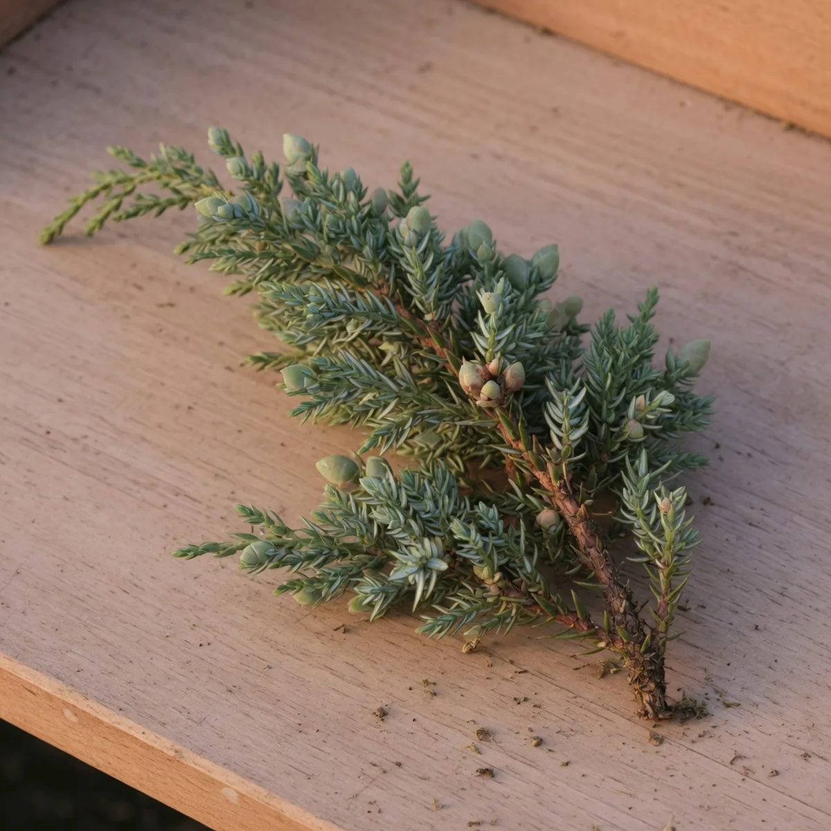 A close-up view of a juniper bonsai branch displaying dense scale-like foliage and emerging buds.