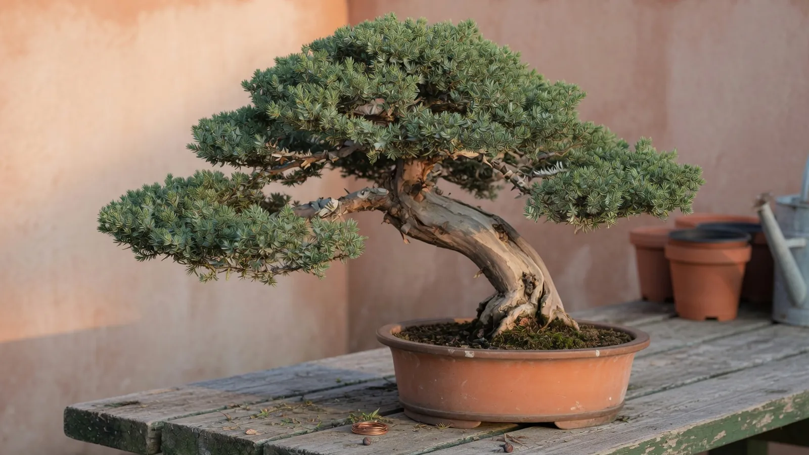 A mature juniper bonsai tree in a shallow ceramic pot displaying dense green foliage and a curved trunk.