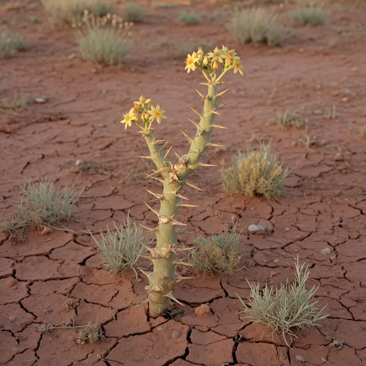A leafless, barbed succulent stem with small yellowish flowers resting on dry ground.