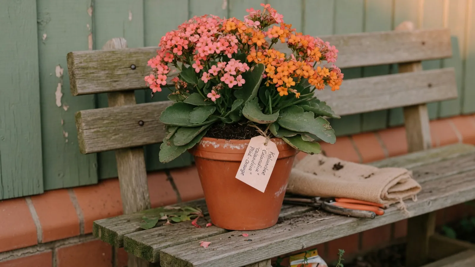 A vibrant potted kalanchoe plant displaying clusters of bright pink and orange flowers among thick green foliage.