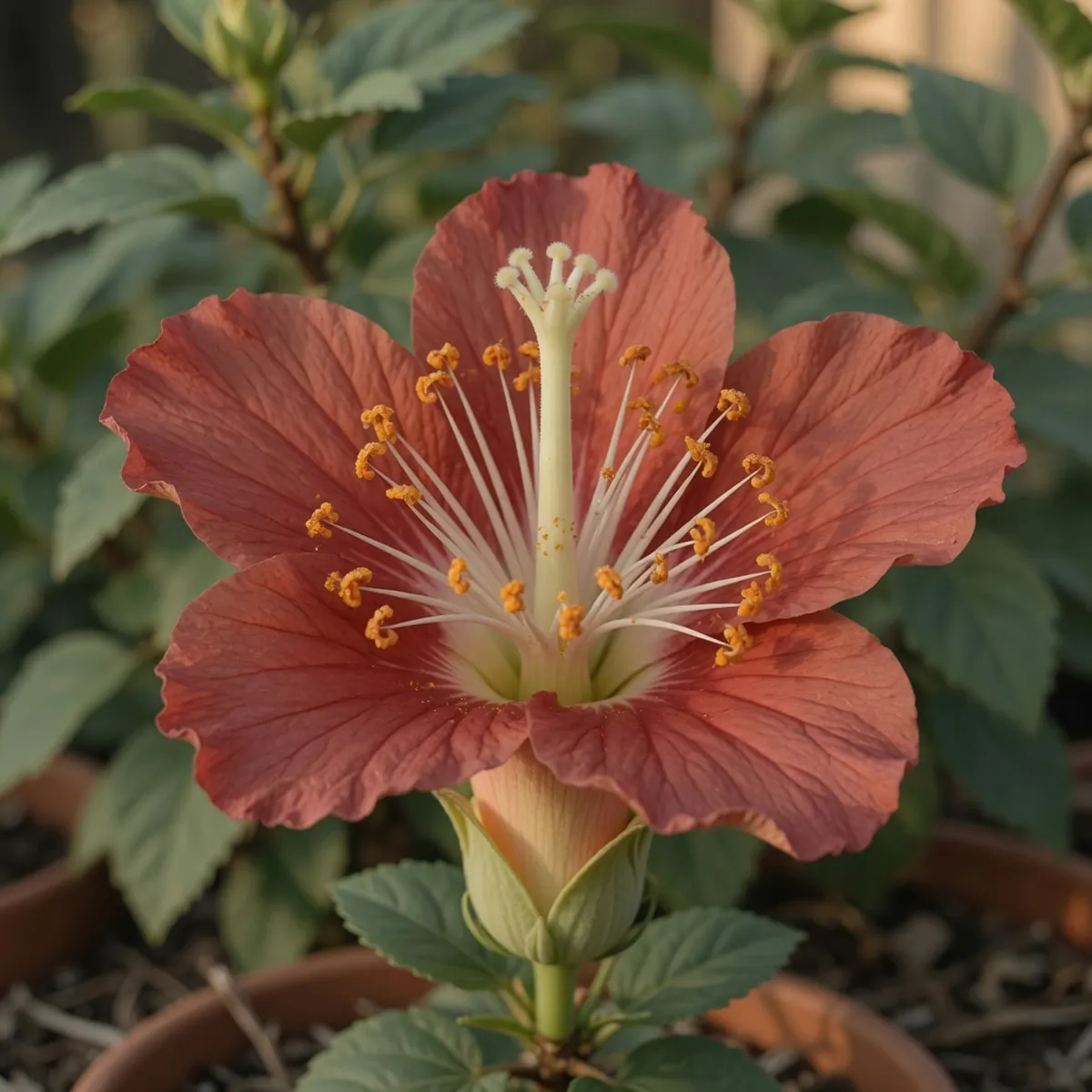 A hibiscus bloom displaying both male and female reproductive structures in a single flower.