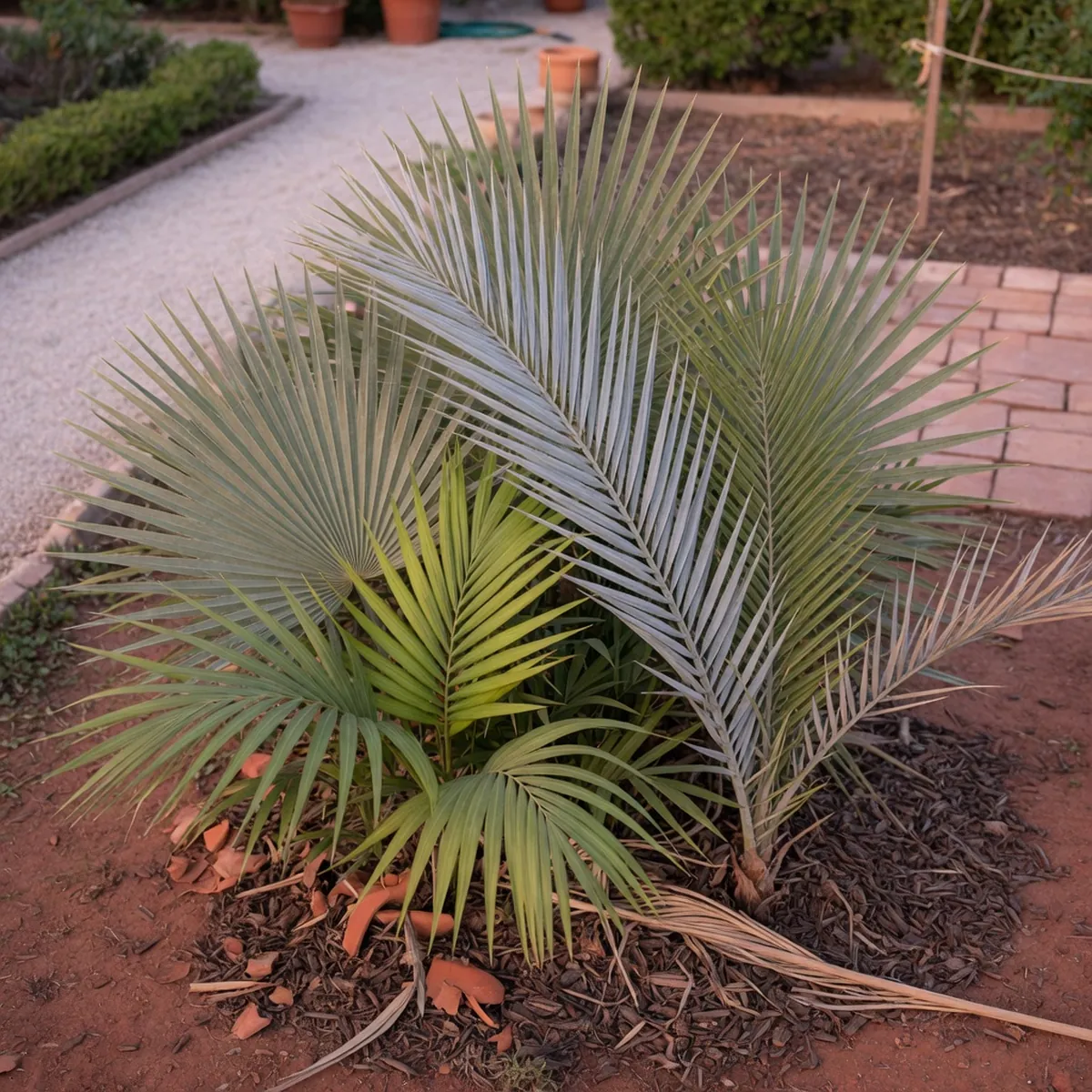 Several different palm varieties grow together in a landscaped garden setting.
