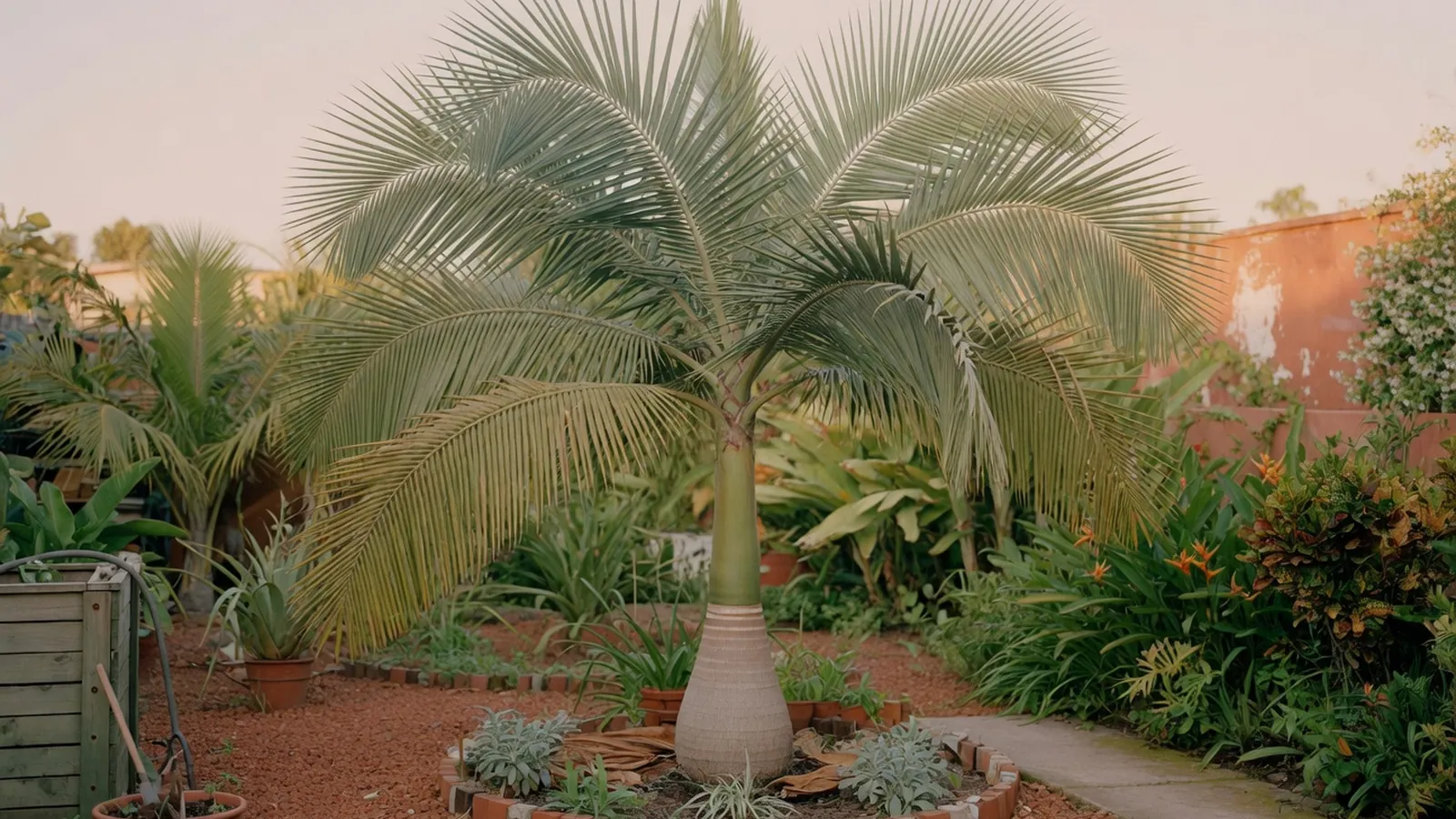 A tall royal palm with spreading fronds stands in a sunny tropical garden.