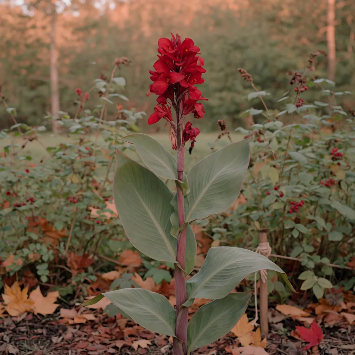 A tall Canna amabilis specimen displaying spirally arranged foliage and deep crimson red flowers.