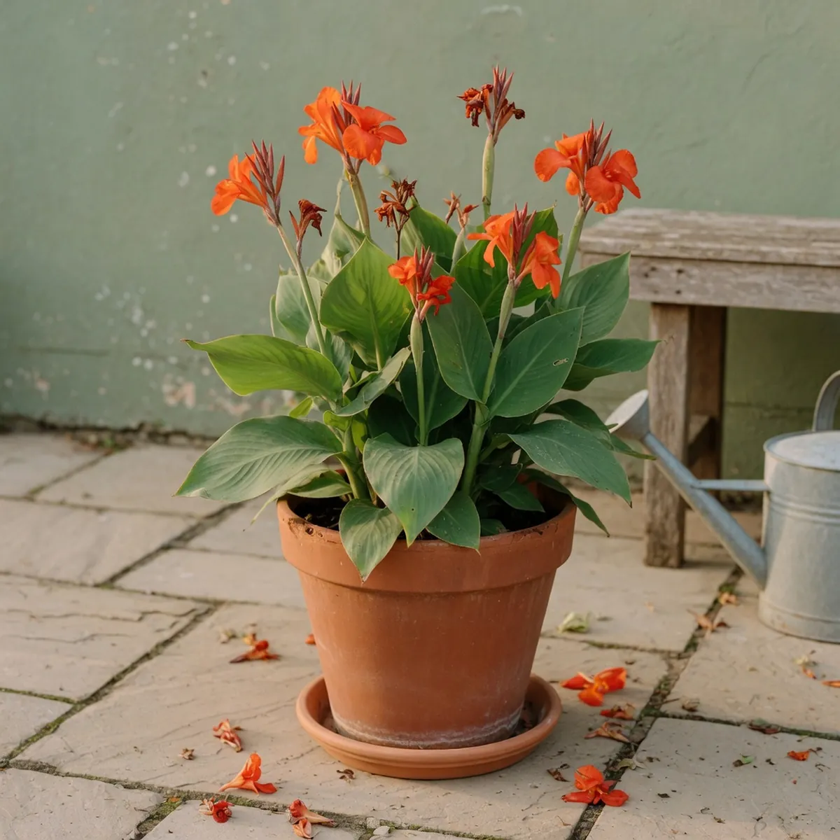 A potted Canna cultivar with bright orange-red blooms and lush green foliage placed on a patio.