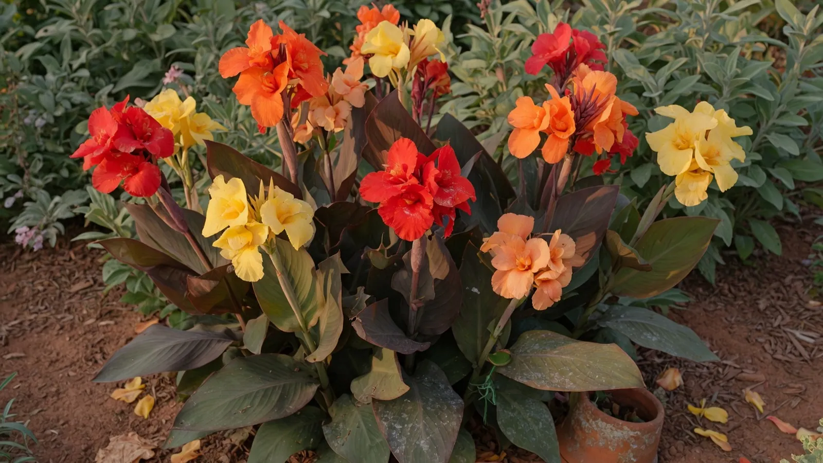 A colorful display of blooming Canna lilies with varied petal shades and broad foliage.