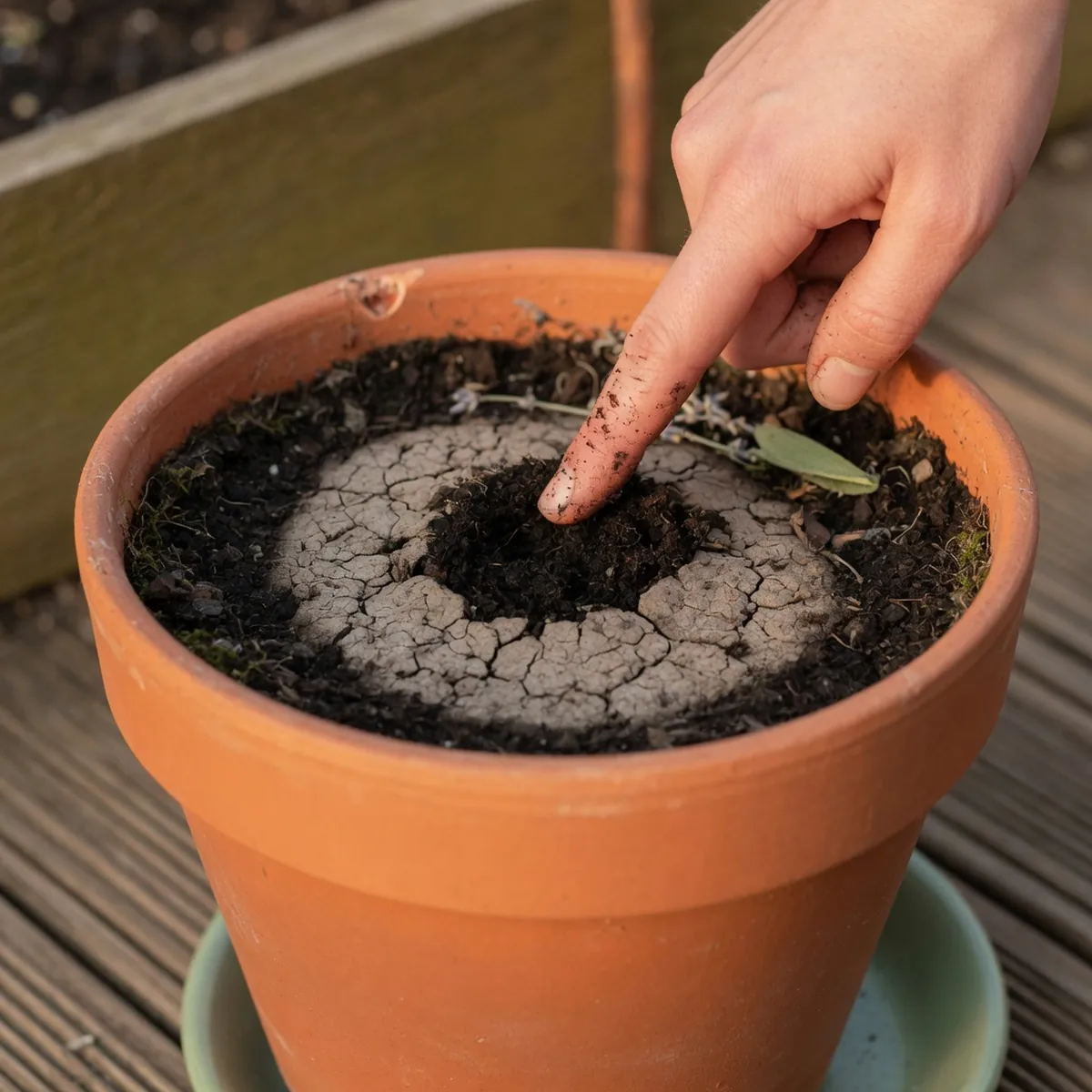 A hand checking soil moisture in a potted plant container.