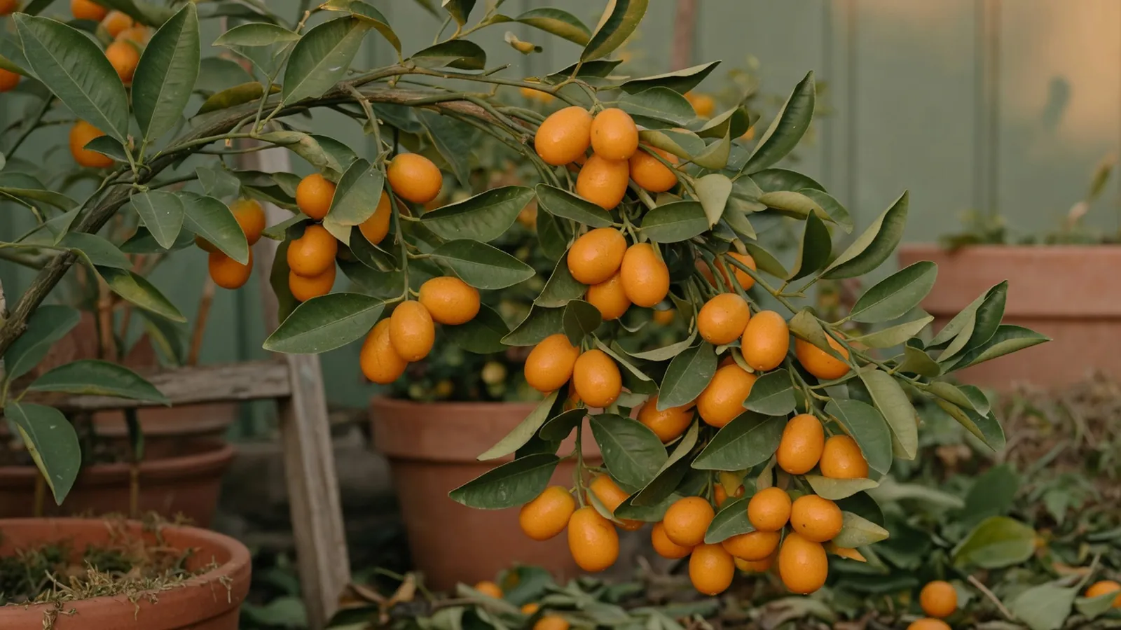 A kumquat tree branch laden with small orange citrus fruits.