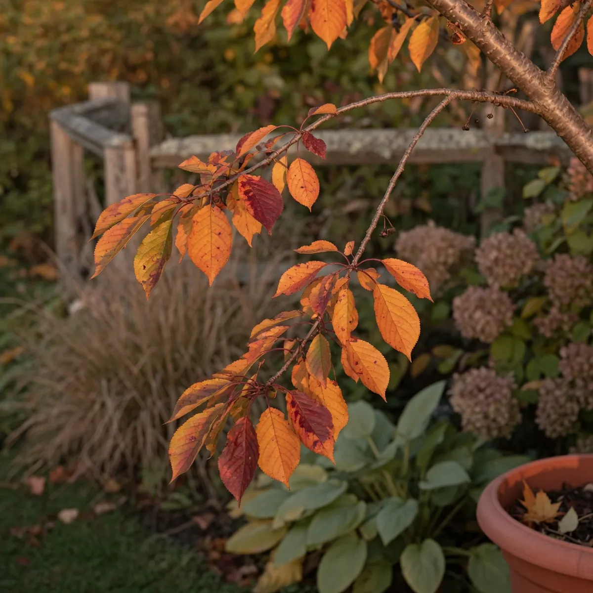 A Kwanzan cherry tree branch showing autumn foliage in shades of gold, copper, orange, and maroon.