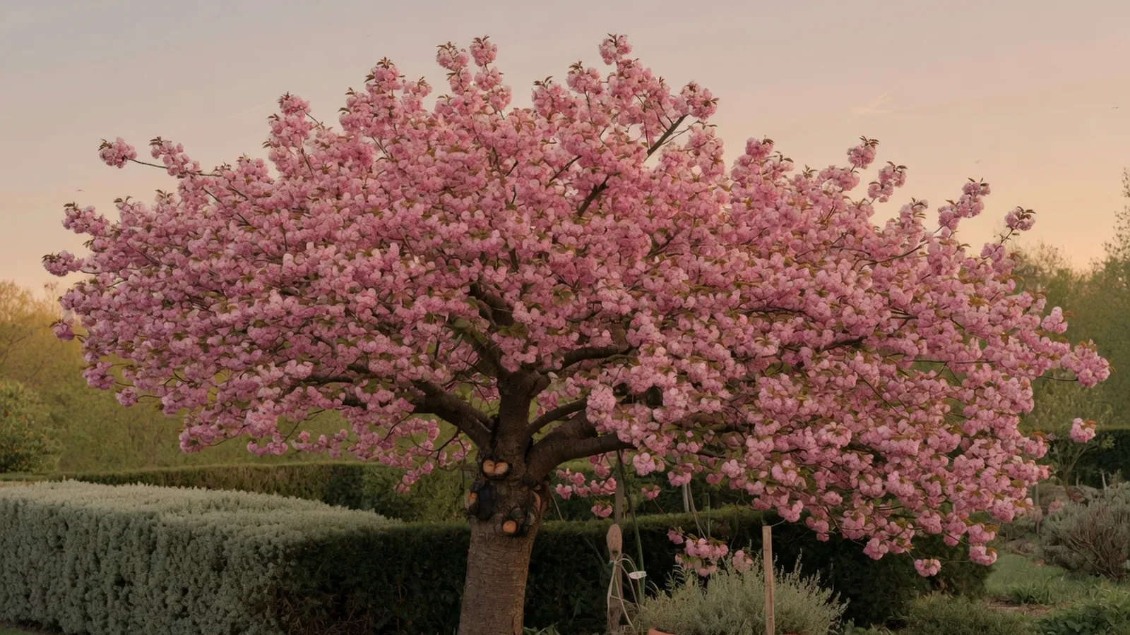 A mature Kwanzan cherry tree in full bloom with dense clusters of double-pink flowers.