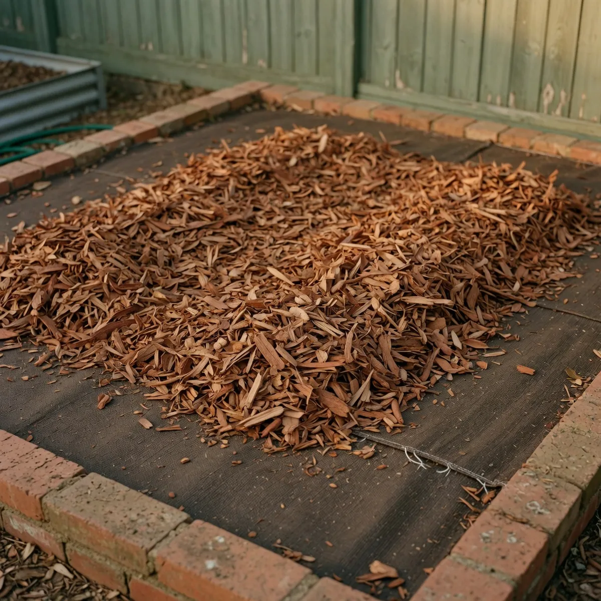 A layer of shredded bark mulch spread evenly over dark landscape fabric in a garden bed.