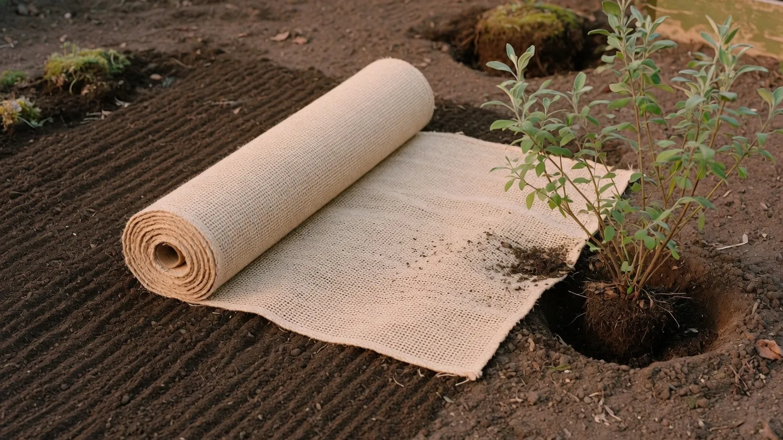 A roll of beige woven landscape fabric partially unrolled over prepared garden soil beside a young shrub.