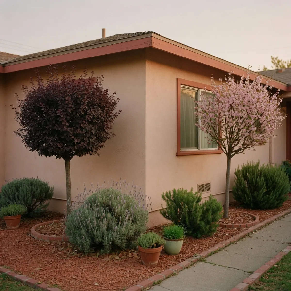 Symmetrical ornamental trees and shrubs framing the corner of a single-story ranch home.