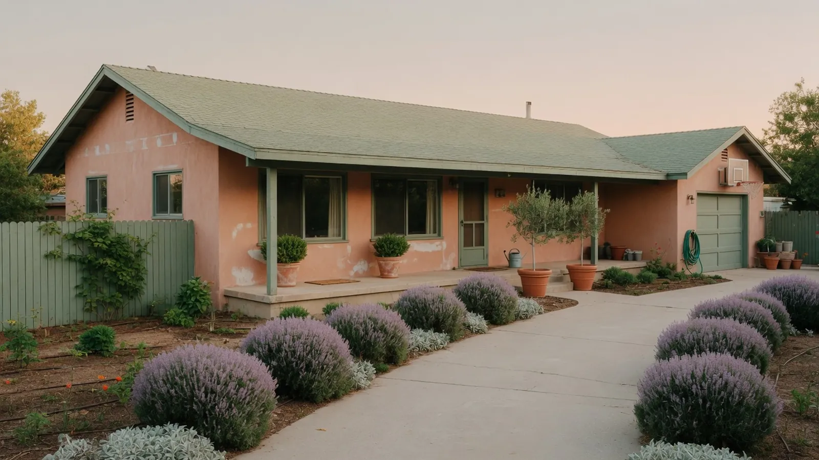 A single-story ranch home surrounded by a balanced, symmetrical landscape design.