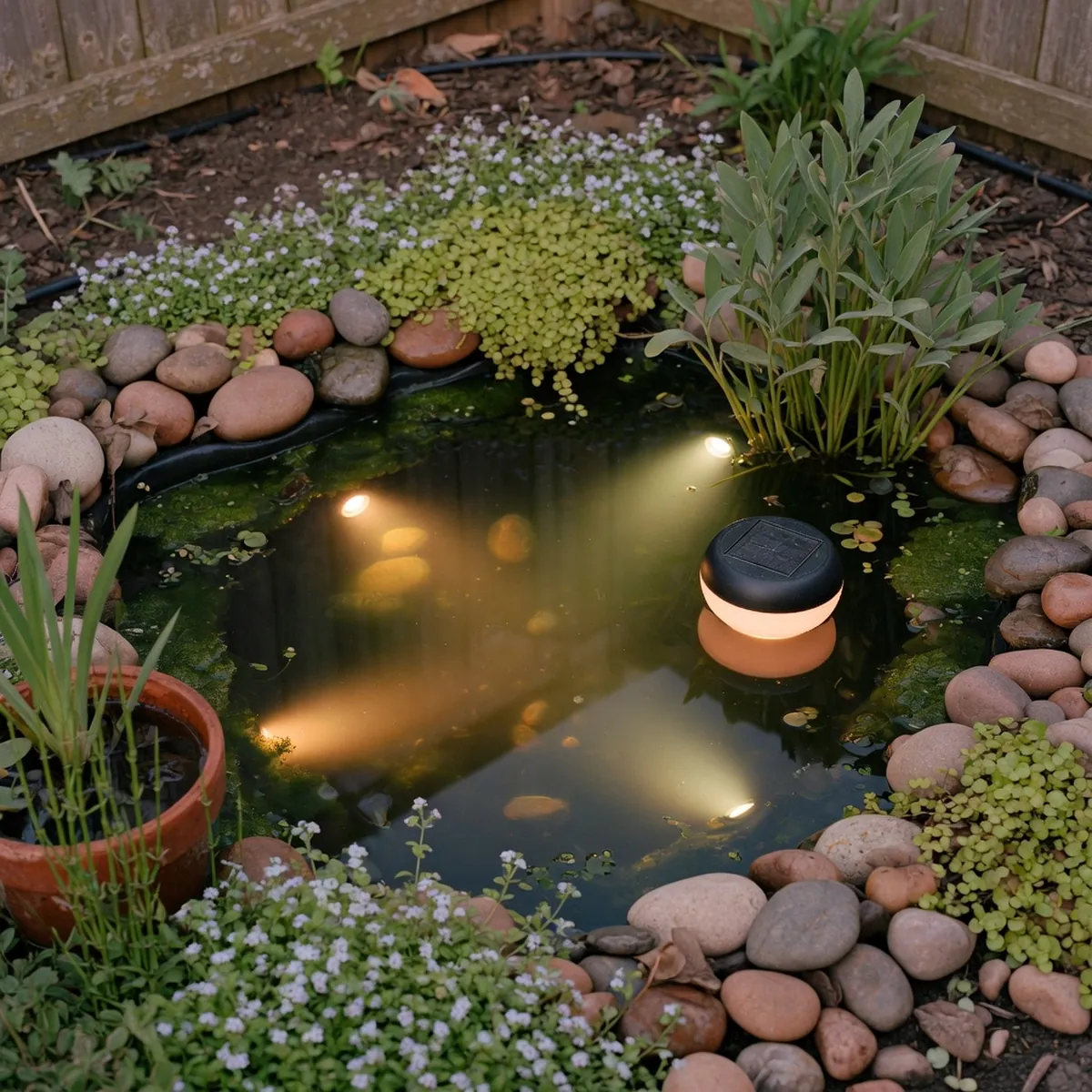A garden pond illuminated by underwater spotlights and a solar floating light among river stones.