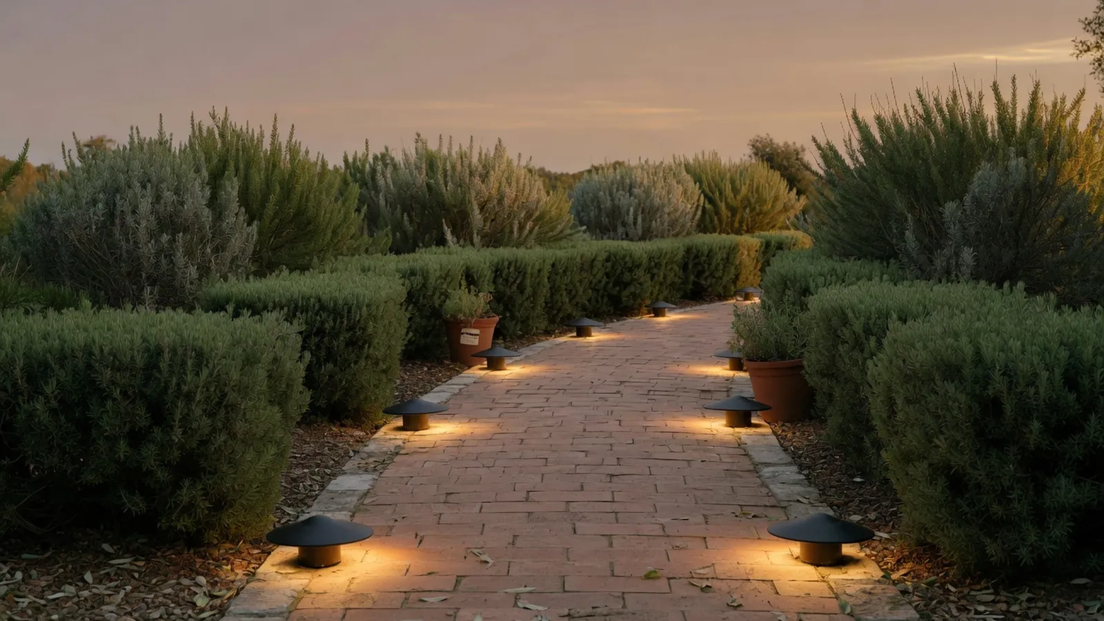A garden pathway illuminated by low-profile ground lights flanked by trimmed shrubs at twilight.
