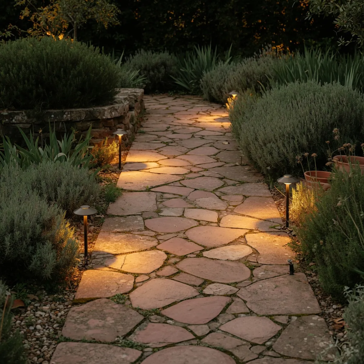 Low ground-mounted path lights illuminate a stone garden walkway for safe evening navigation.