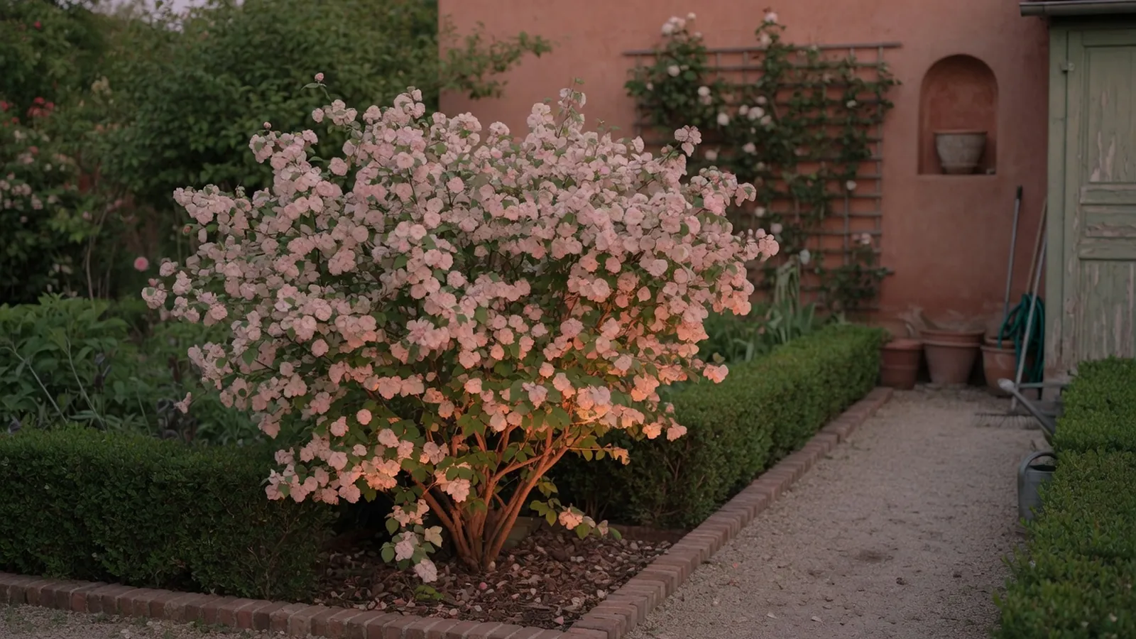 A garden shrub softly illuminated by uplighting reveals pathways and architectural details at dusk.