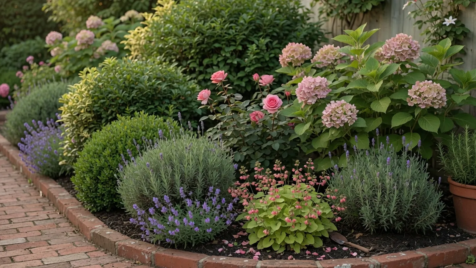 A lush garden border featuring a dense arrangement of healthy green bushes and flowering shrubs.