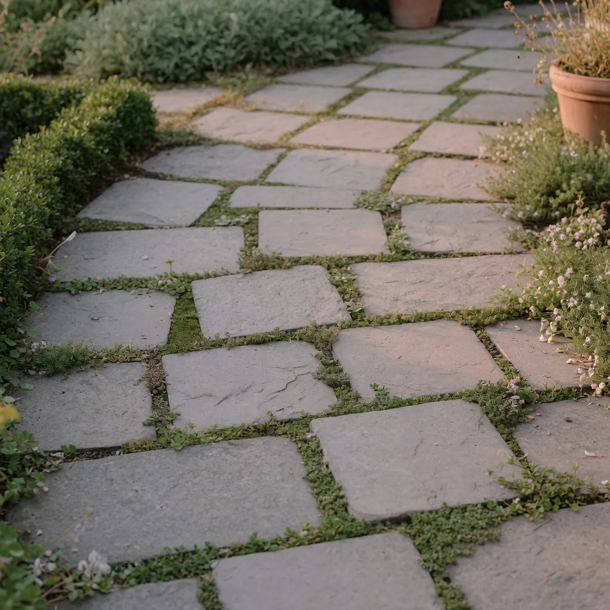 Low-growing green plants growing between flat paving stones in a garden path.