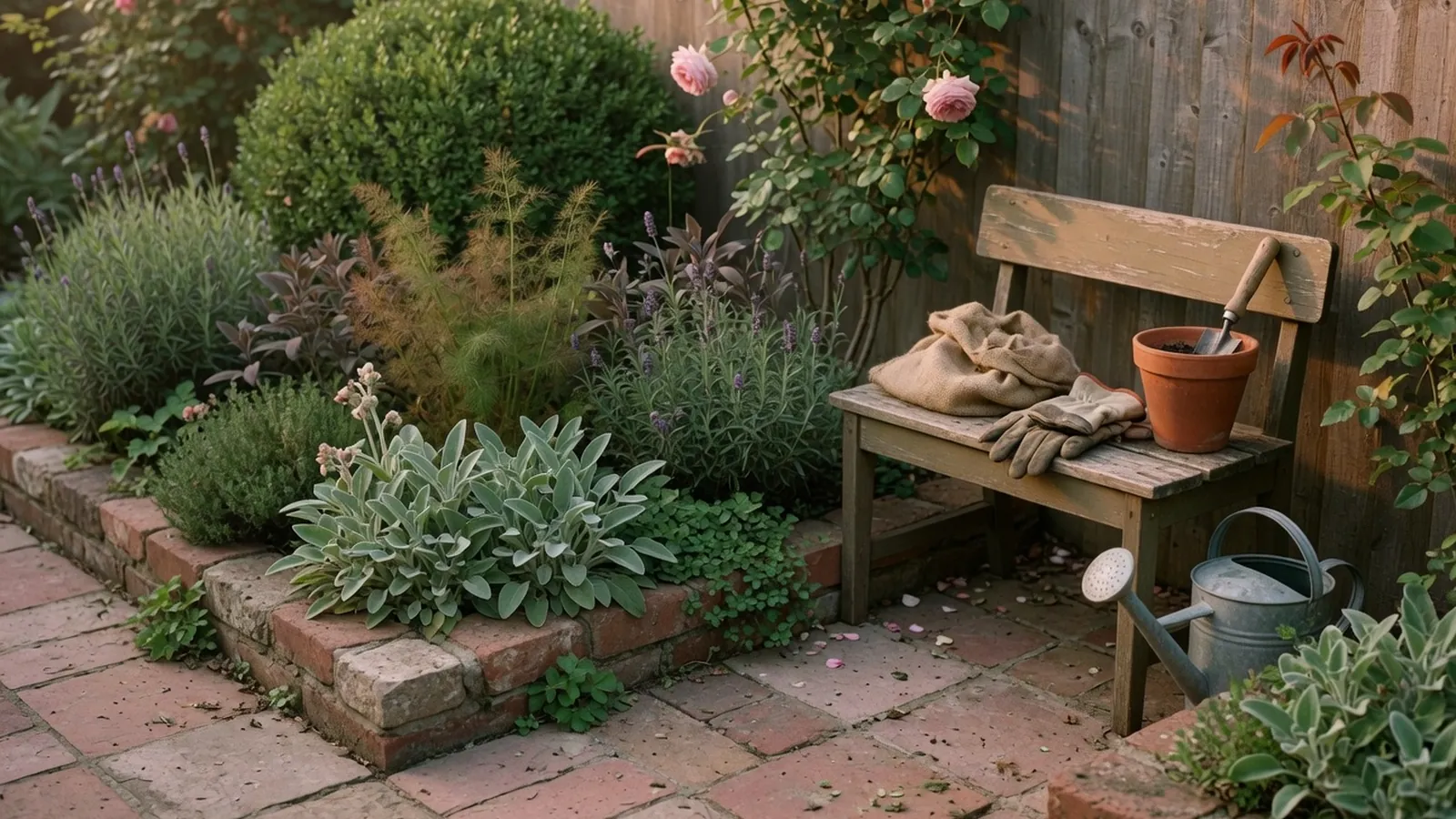 A compact garden featuring layered planting, stone edging, and a small seating area.