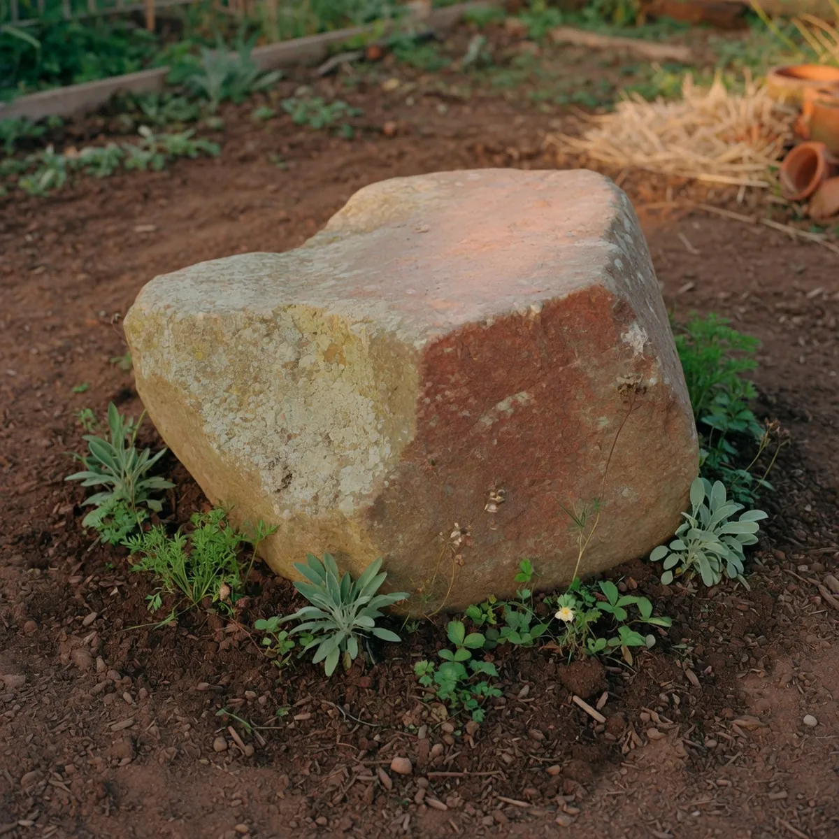 A large, uniquely shaped boulder partially buried in soil with small green plants growing around its base.