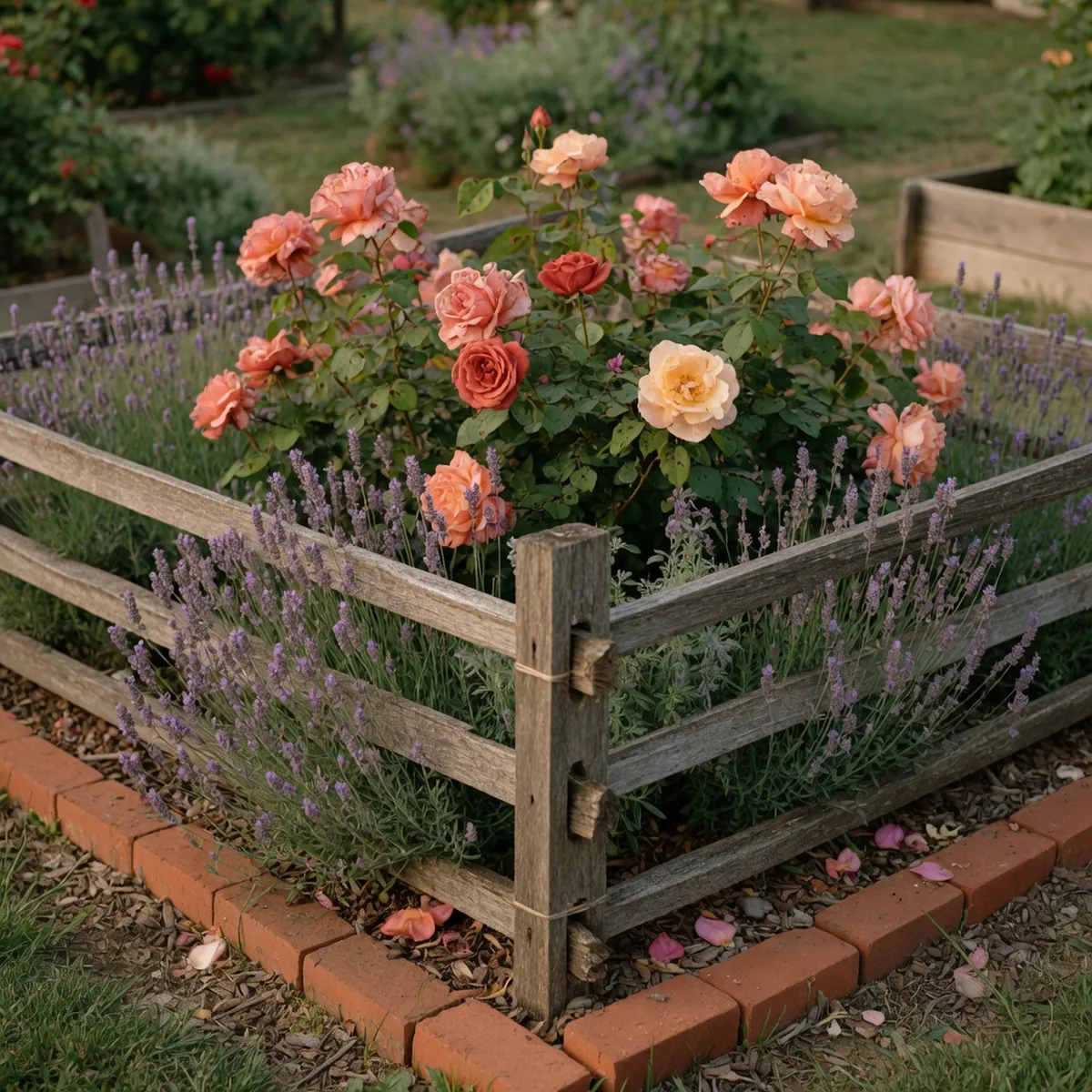 A low split rail fence outlines a vibrant flower bed in a formal garden.