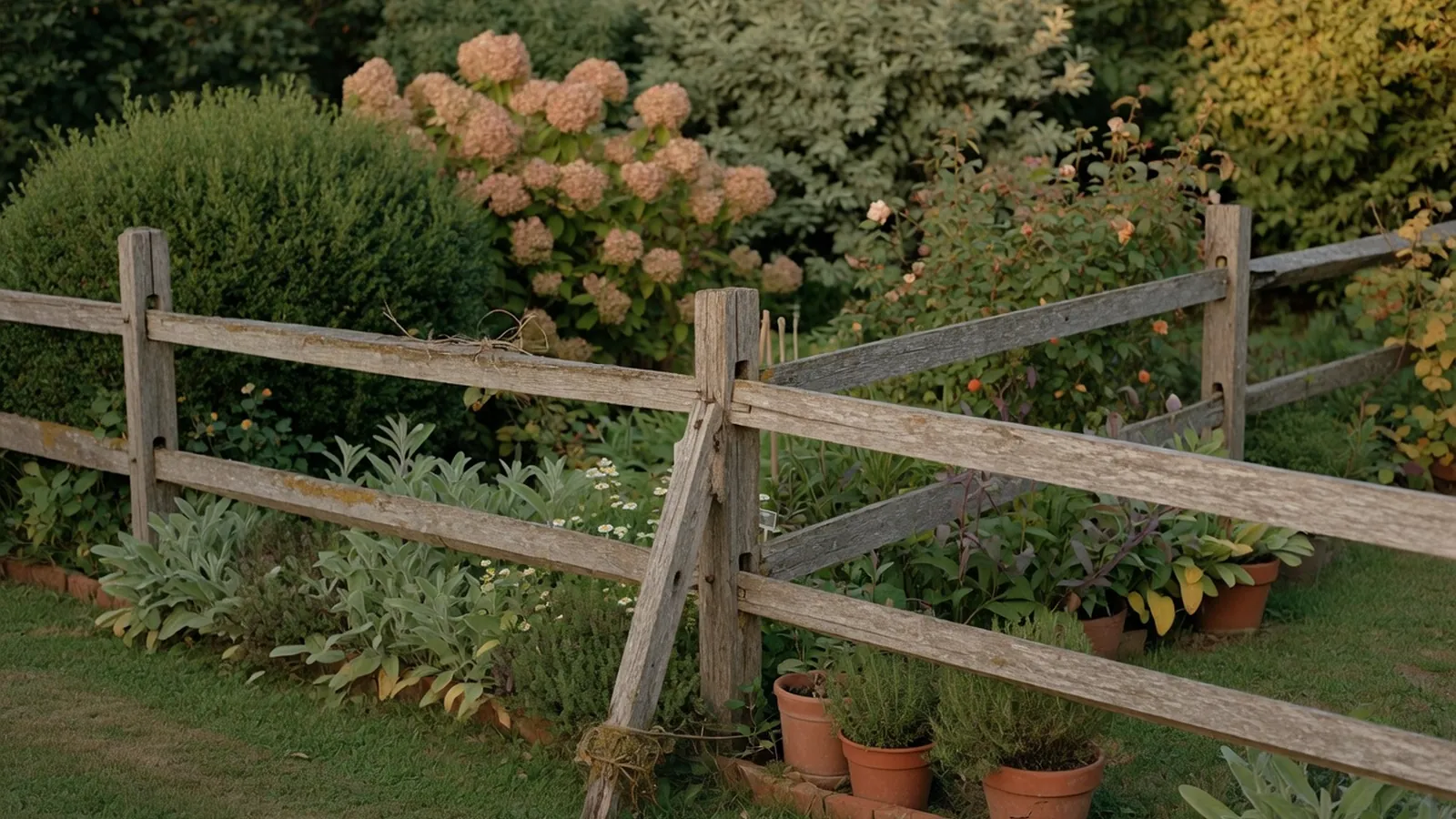 A weathered wooden split rail fence borders a lush garden with mature shrubs.