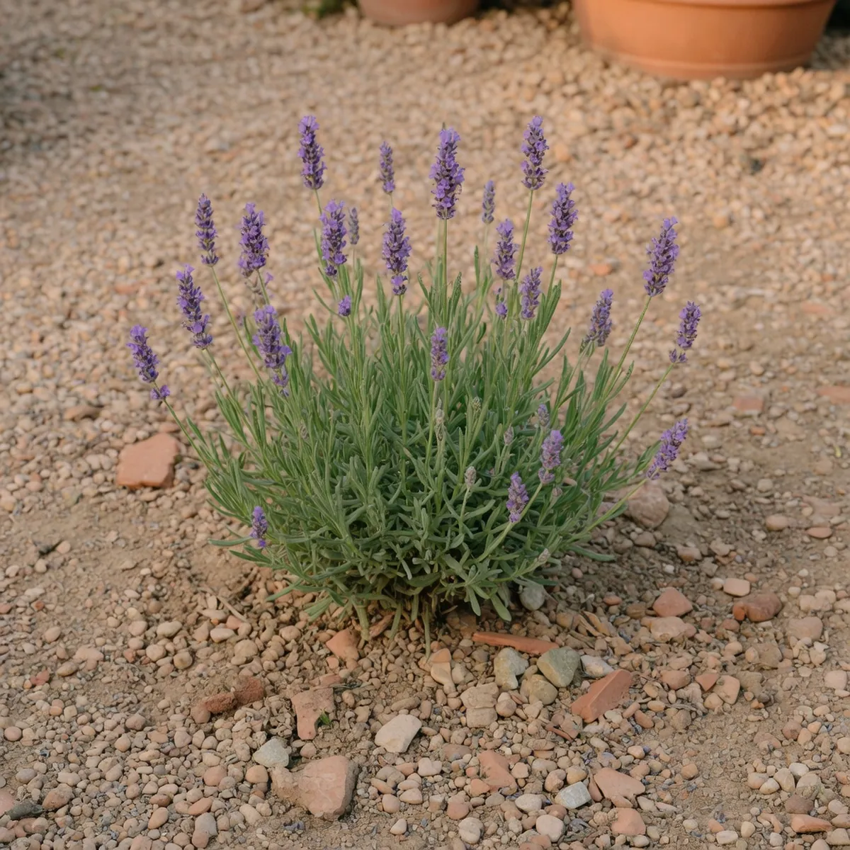 A healthy lavender plant growing in dry, gravelly soil with green stems and purple flower spikes.