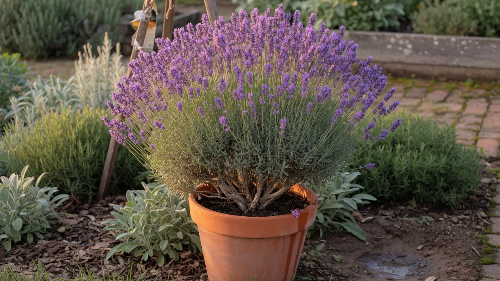 A vibrant lavender plant in full bloom surrounded by green foliage in a sunny garden setting.