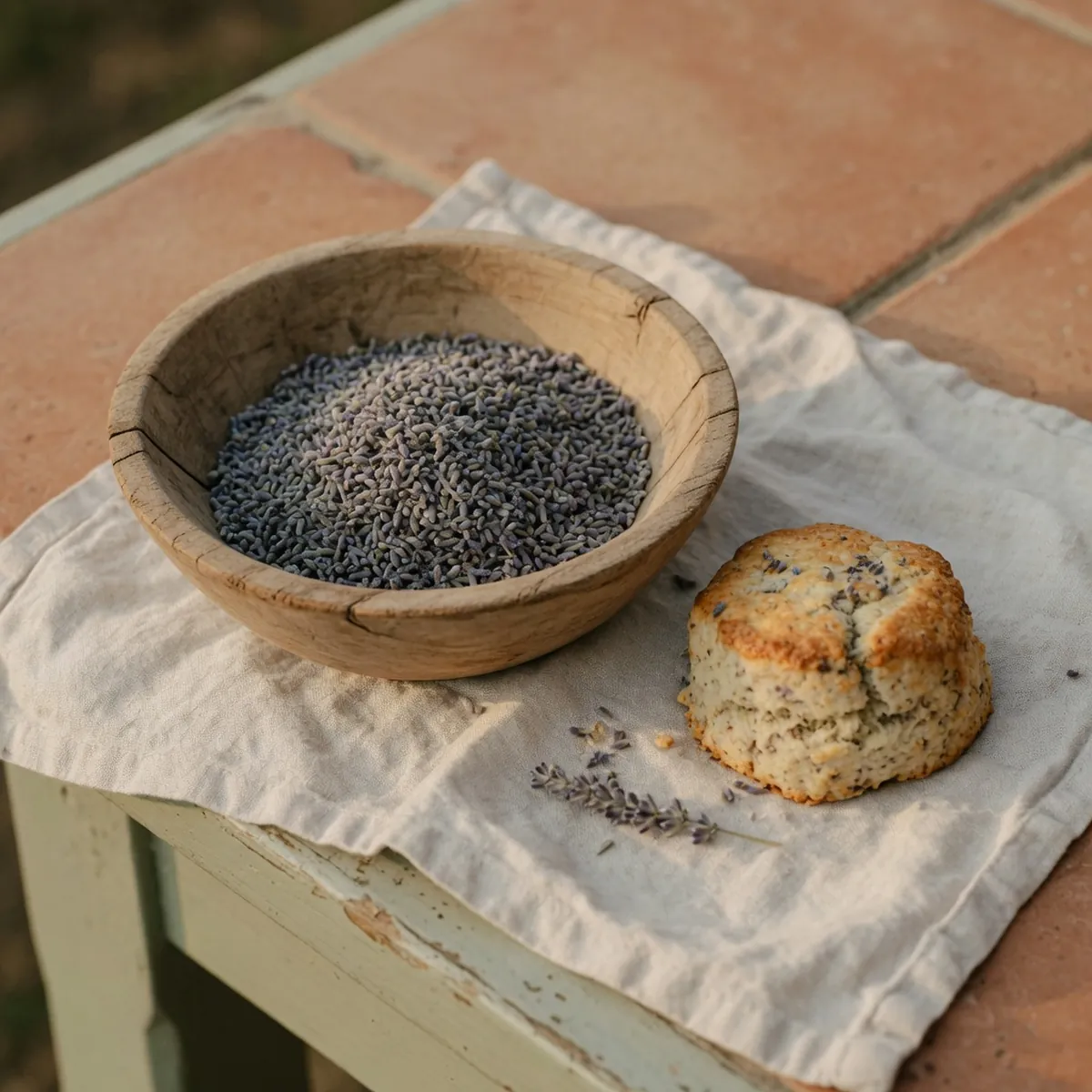 Dried lavender buds and a lavender scone arranged on a linen napkin.