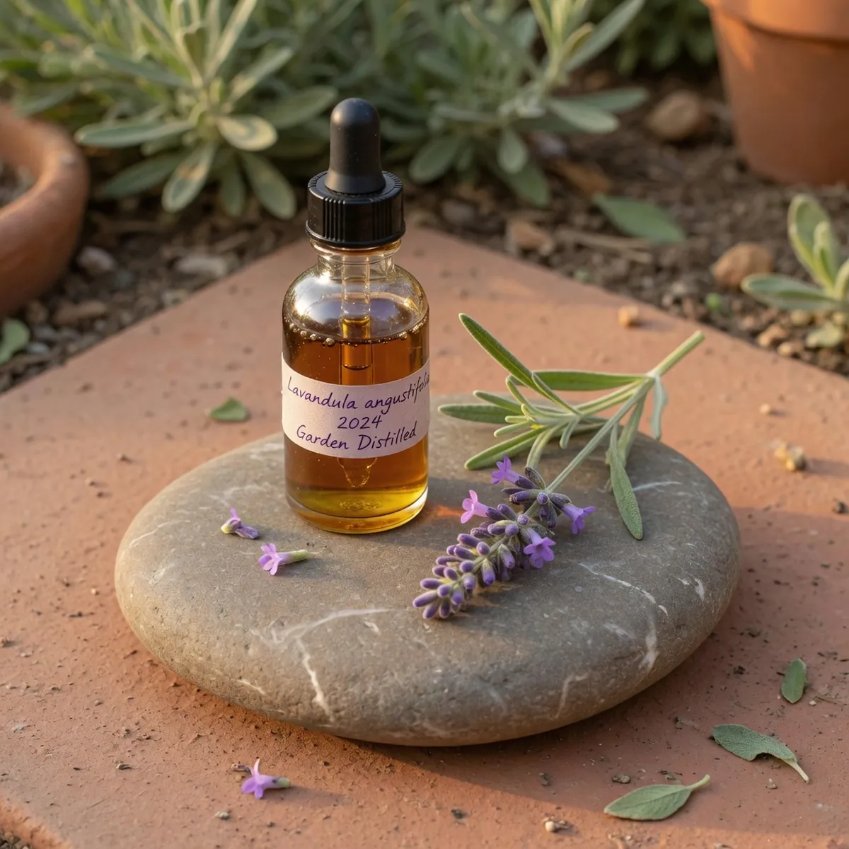 A glass dropper bottle of lavender essential oil beside a fresh sprig.
