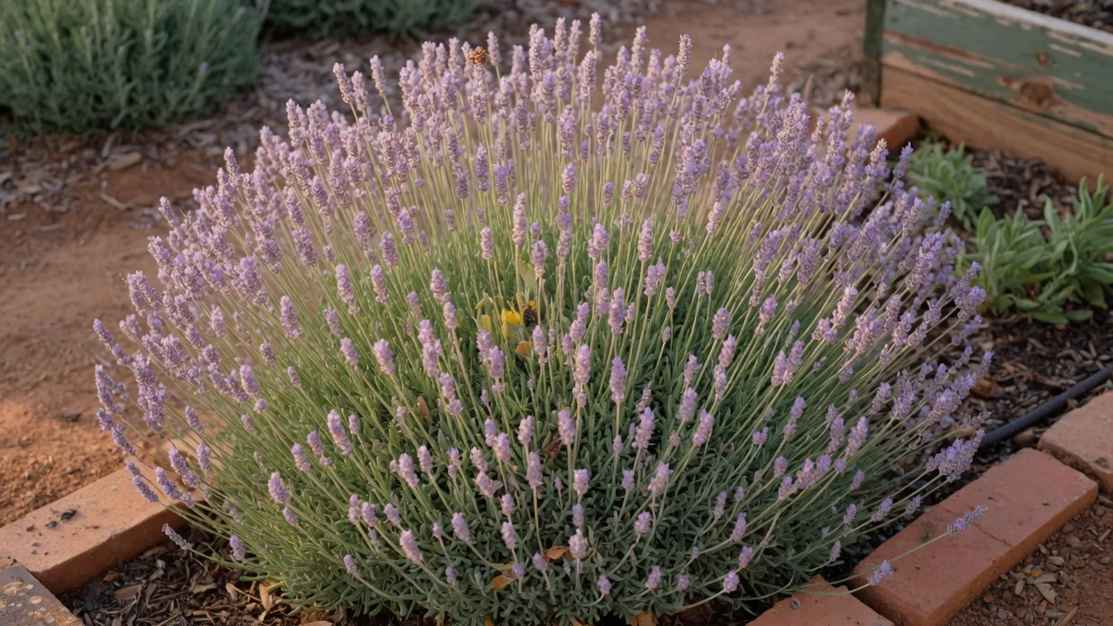 Pale violet lavender spikes blooming densely in a sunlit garden bed.