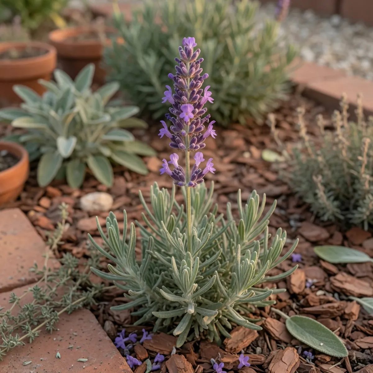 A close-up of a lavender flower spike showing its characteristic whorls of purple florets along a slender green stalk.