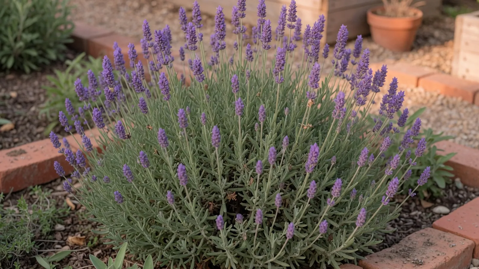 A lush cluster of lavender plants blooming with vibrant purple flower spikes against a soft-focus green garden background.