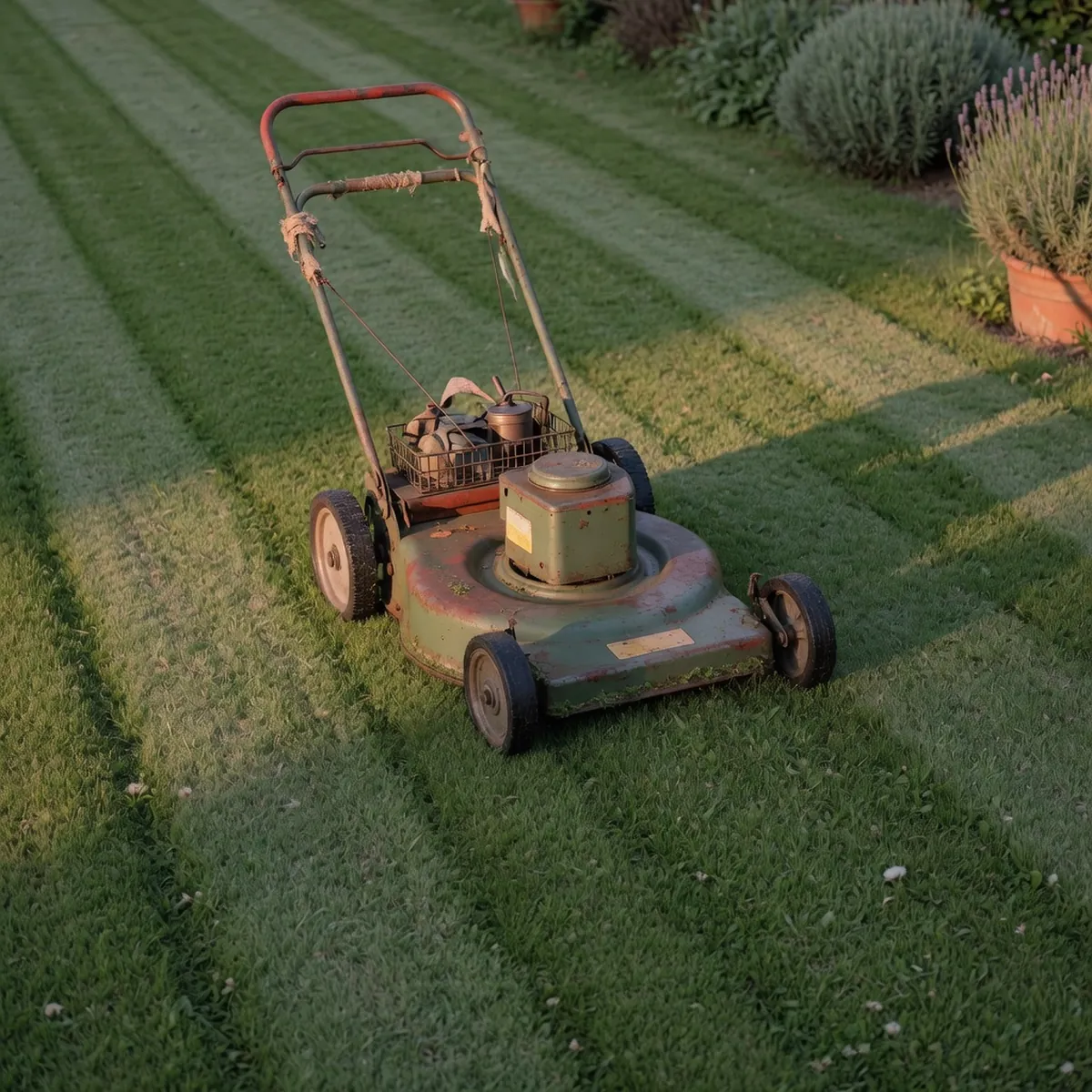 A push lawn mower parked on a freshly cut green lawn.