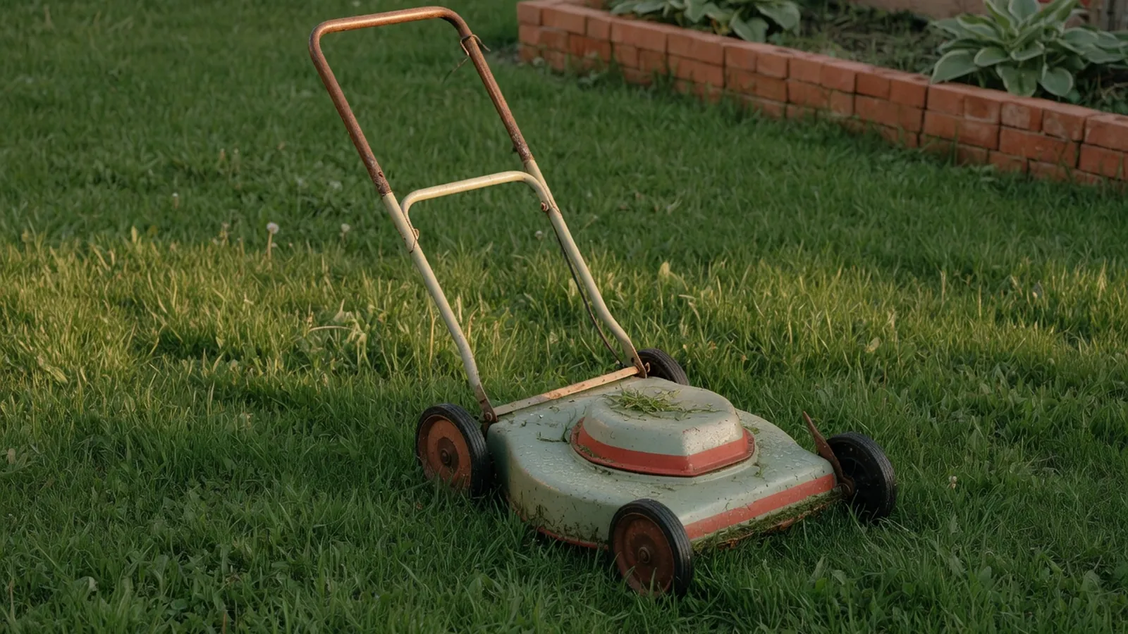 A push lawn mower standing on a lush green lawn.
