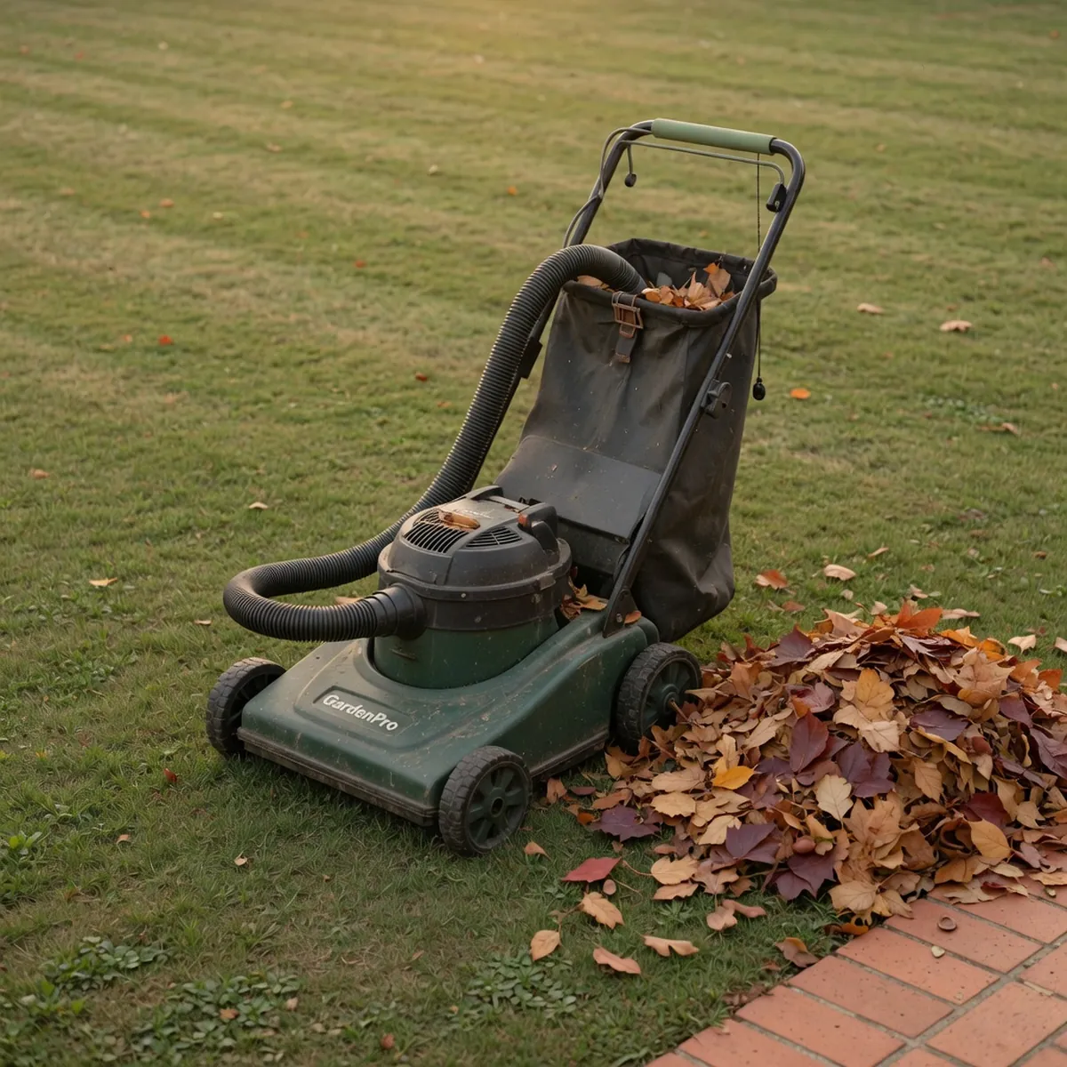 A sturdy push-and-walk leaf vacuum resting on a well-kept lawn beside a pile of dry autumn leaves.