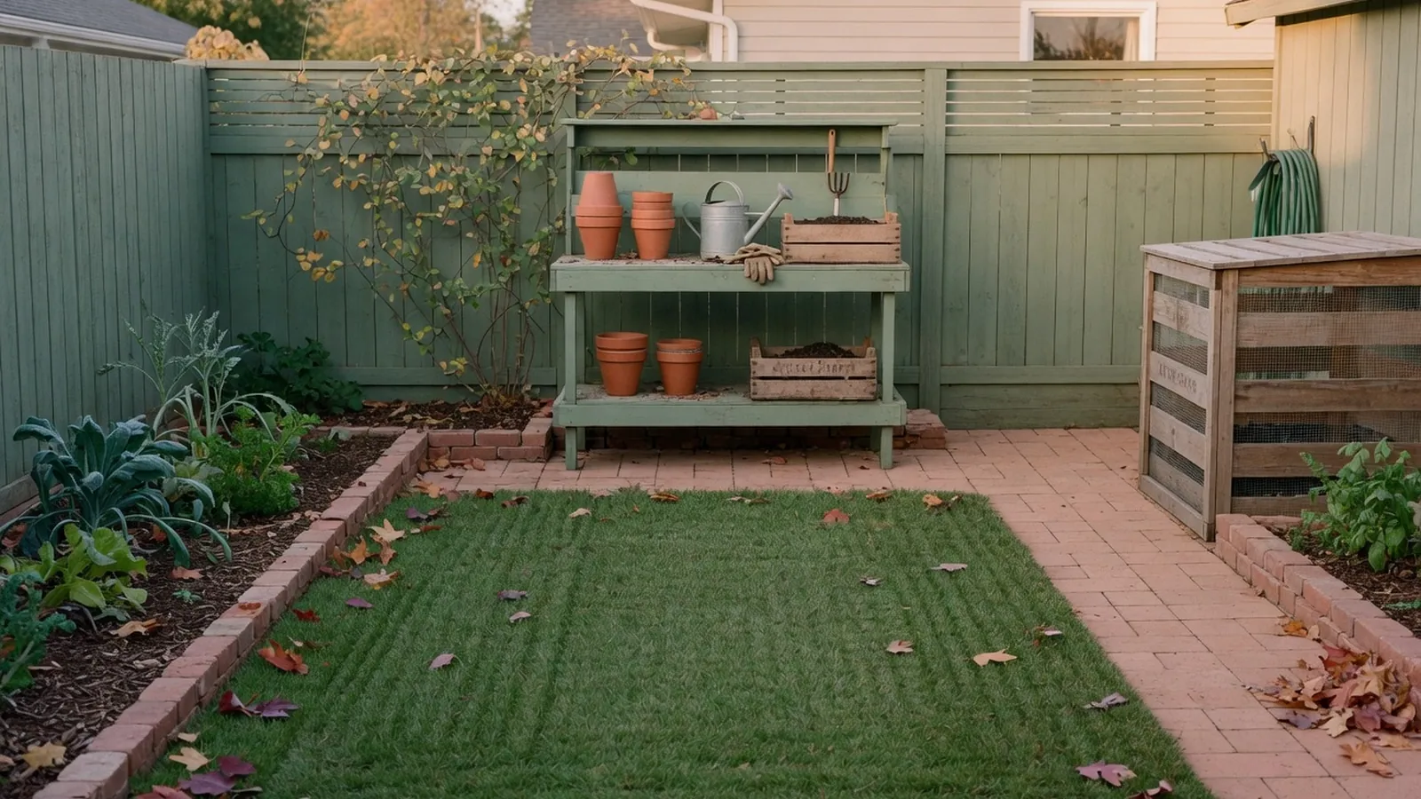 A tidy suburban backyard with a neatly raked lawn and a few scattered autumn leaves.