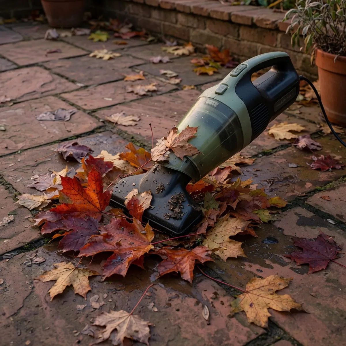 A handheld electric leaf vacuum actively sucking up a pile of damp, large maple leaves on a stone patio.