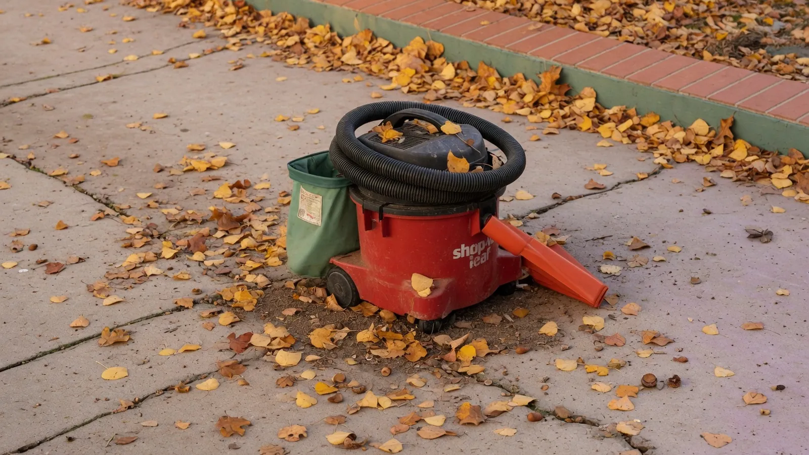 A leaf vacuum cleaner resting on a paved driveway surrounded by scattered autumn leaves.