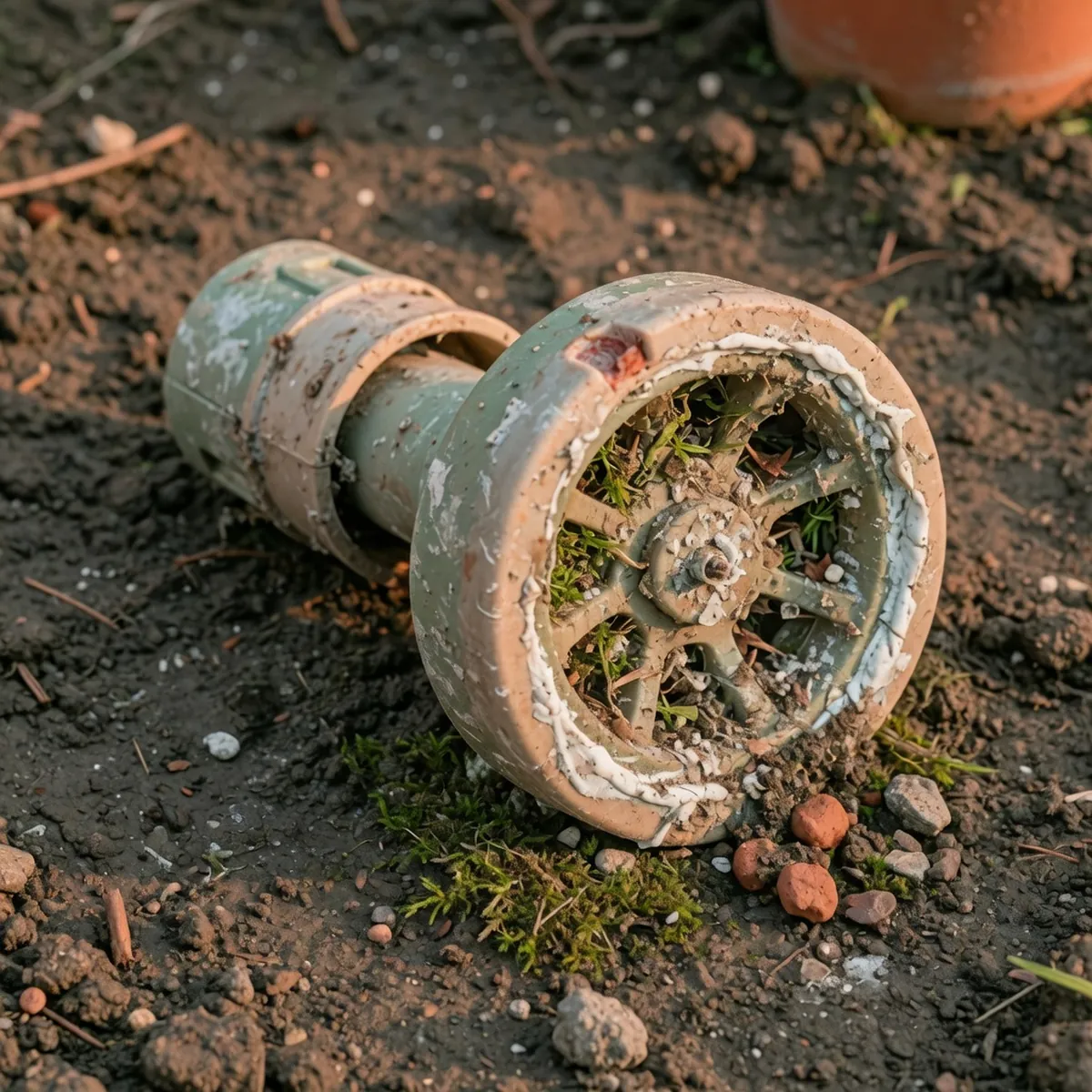 A close-up view of a plastic sprinkler head showing debris lodged in the spray nozzle.