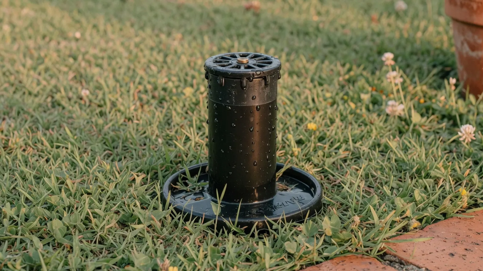 A pop-up sprinkler head installed in a green lawn with visible water droplets on the casing.