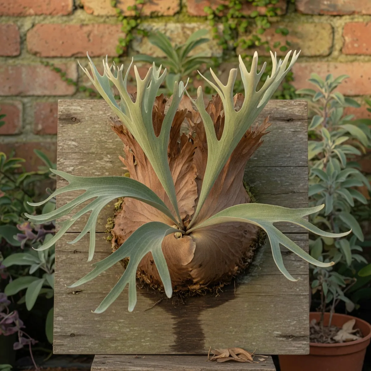 A staghorn fern mounted on a wooden board displaying its distinctive antler-shaped fronds and brown basal leaves.